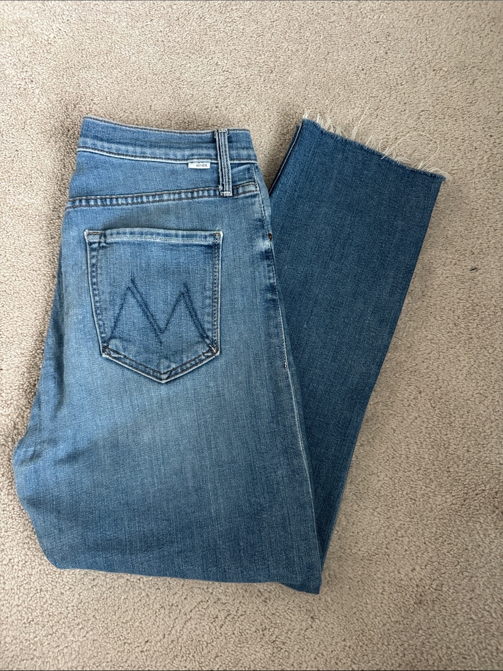 MOTHER Blue Cropped Frayed-Hem Jeans